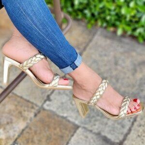 Women's Gold Double Braided Square Toe Mule Heel Sandal‎